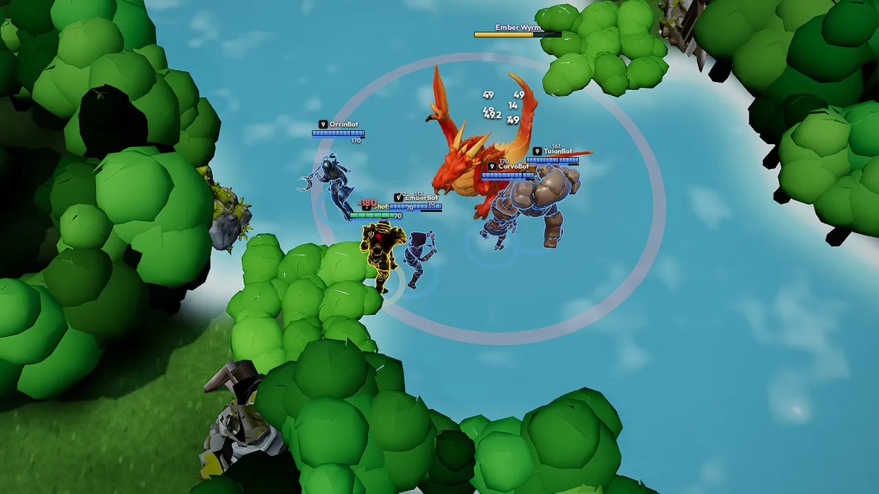 A team fights the Ember Wyrm in the river